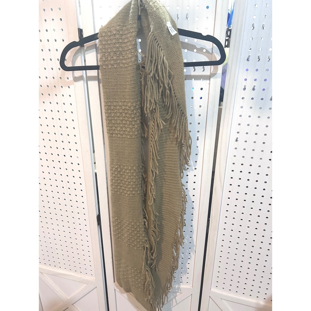 Chunky Knit Scarf Tan Fringe Cozy Winter Warm Soft Acrylic